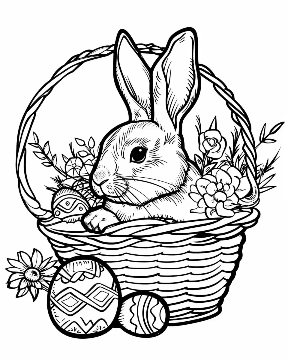 Happy Easter coloring page with crayons laid out for coloring