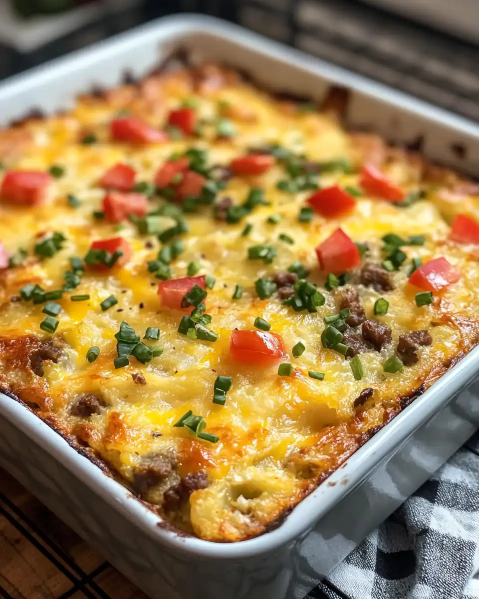 Close-up of hash brown breakfast casserole in a baking dish