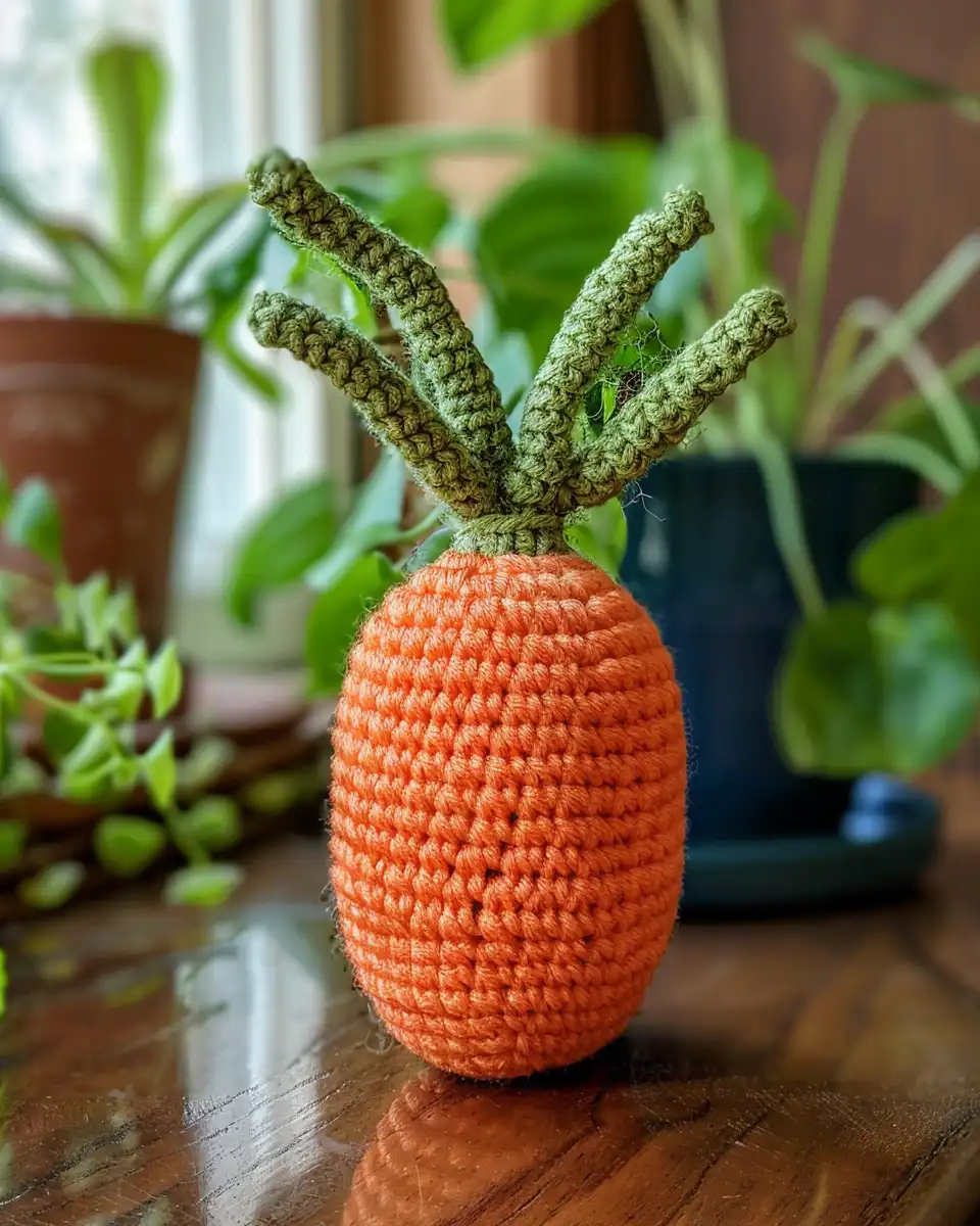 Ingredients laid out for crochet carrot project with yarn balls and crochet hook