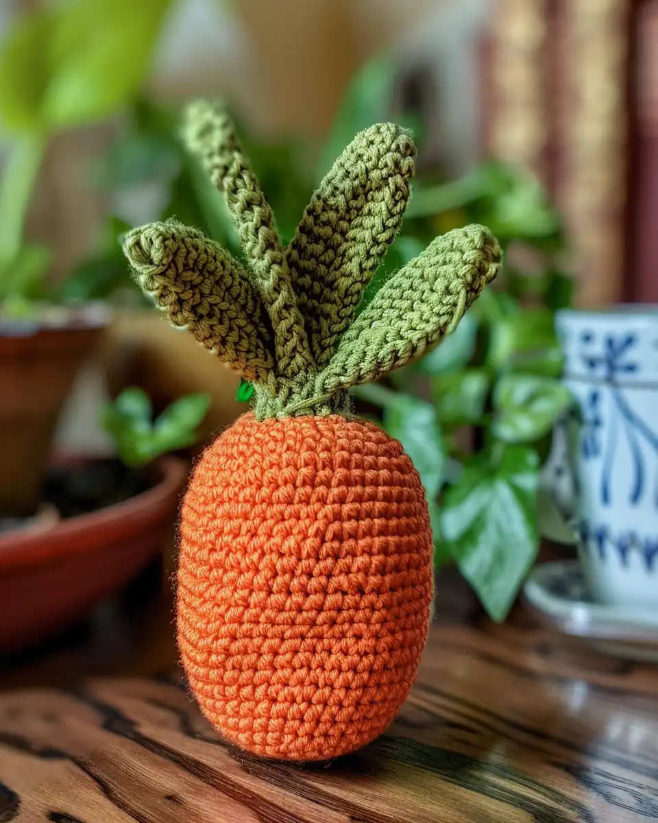 Finished carrot crochet projects displayed neatly with green leafy tops