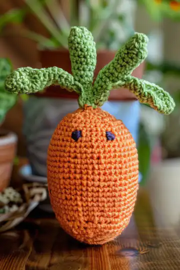Hatching Carrot Crochet Pattern taken with iphone 15 pro max --iw 2 --ar 4:5 --v 6.0 --raw