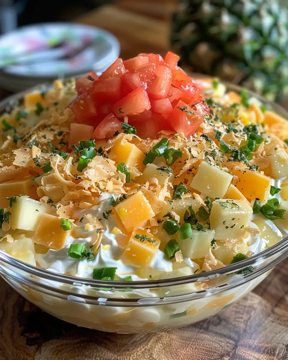 Ingredients for Hawaiian Cheesecake Salad with fresh fruits and cream