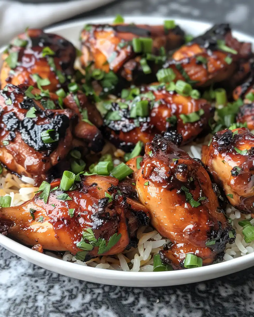 Grilled charred Hawaiian huli huli chicken with pineapple slices served on plate