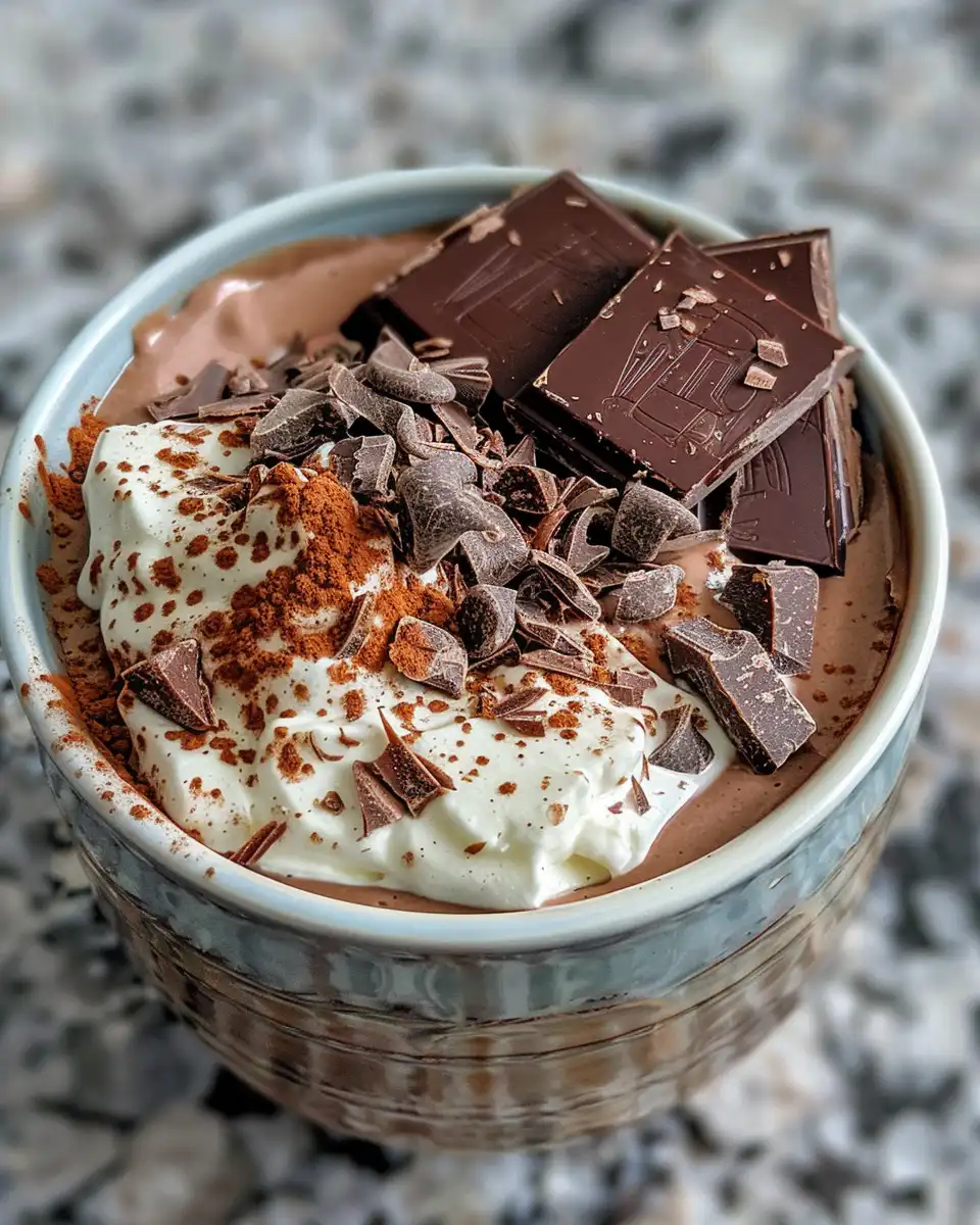 Creamy Greek yogurt chocolate mousse in serving dish