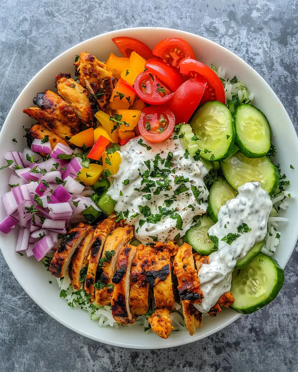 Ingredients prepped in bowls for healthy chicken gyro bowls