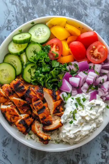 Healthy Chicken Gyro Bowls taken with iphone 15 pro max --iw 2 --ar 4:5 --v 6.0 --raw