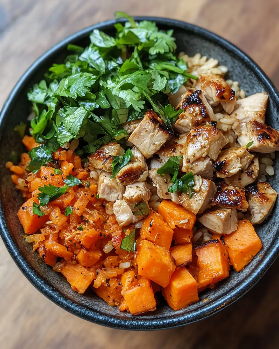 Ingredients for blackened chicken and sweet potato bowl including spices and fresh vegetables