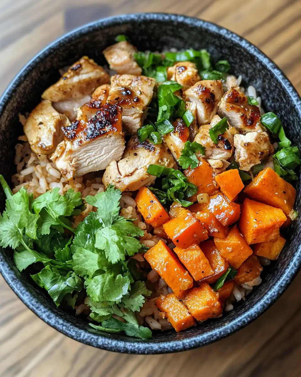 Final assembly of the blackened chicken, sweet potato, and wild rice bowl with toppings