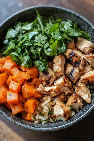 Healthy Chicken & Sweet Potato Rice Bowl Recipe taken with iphone 15 pro max --iw 2 --ar 4:5 --v 6.1 --raw