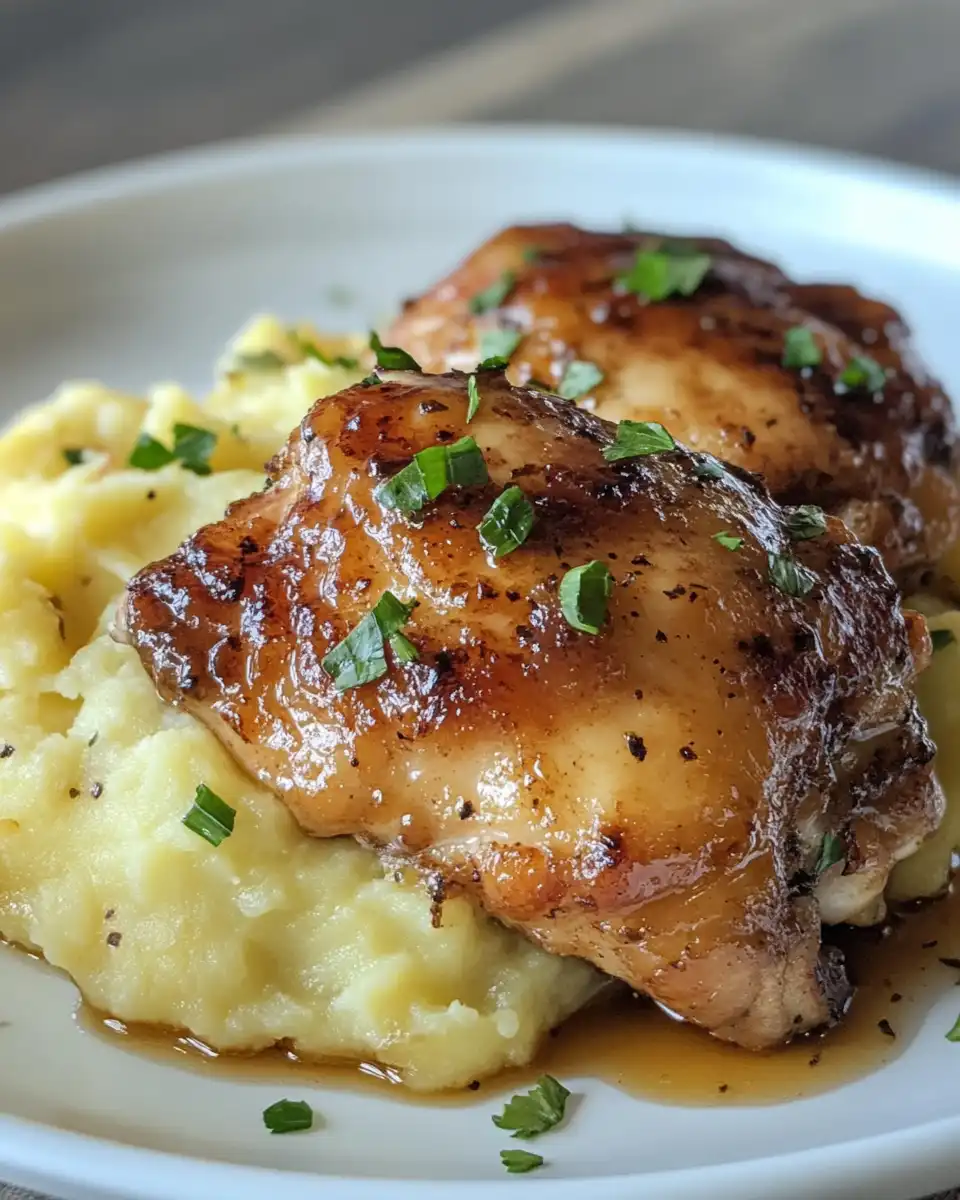 Final plated honey chipotle chicken thighs served with smoked gouda mashed potatoes