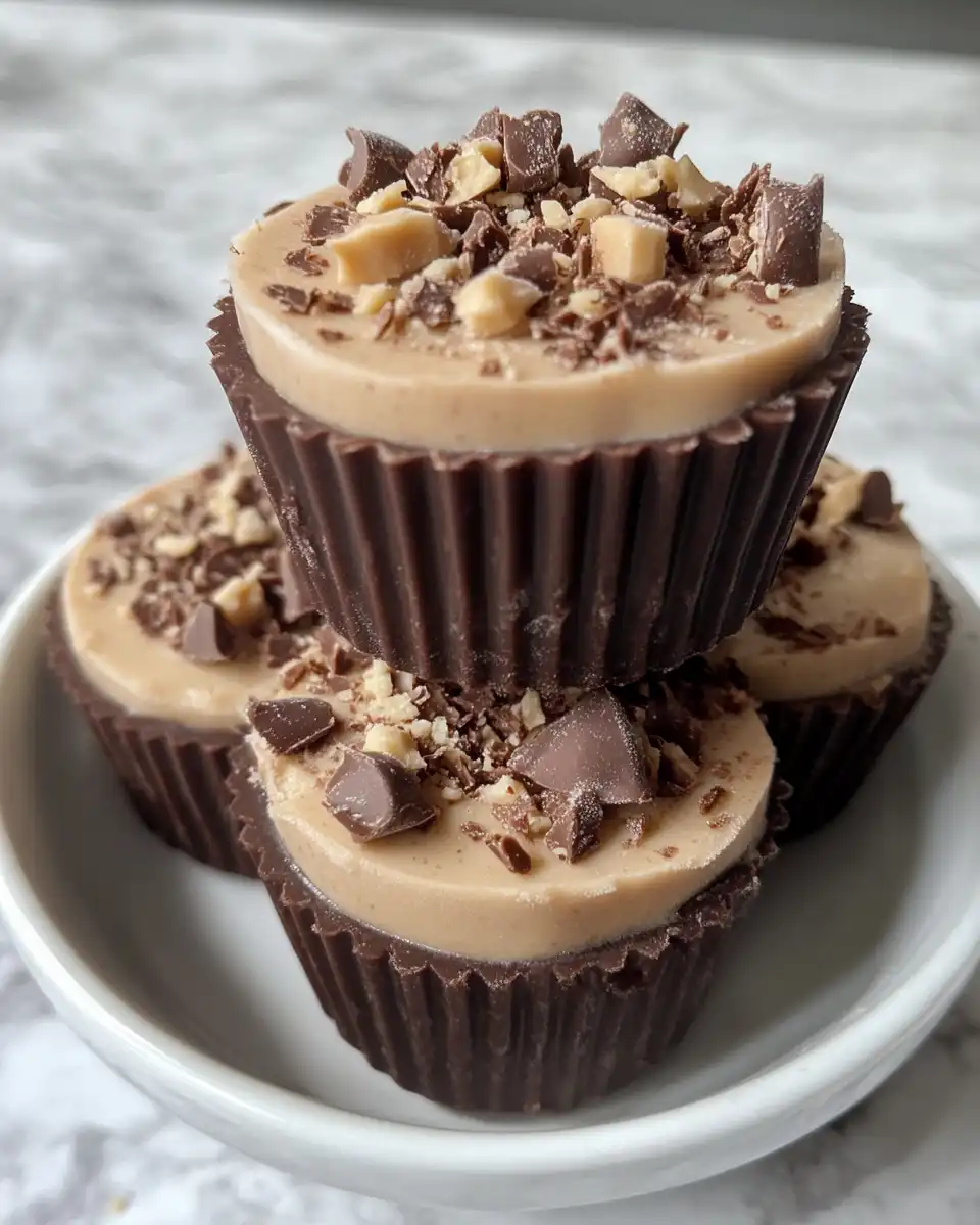 Finished peanut butter Greek yogurt bites dipped in chocolate with flaky sea salt garnish