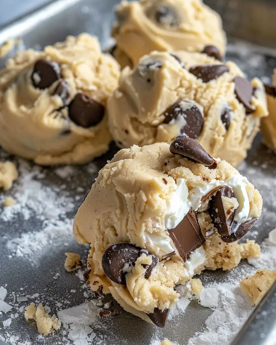 Close up of creamy no bake cookie dough texture with mix-ins