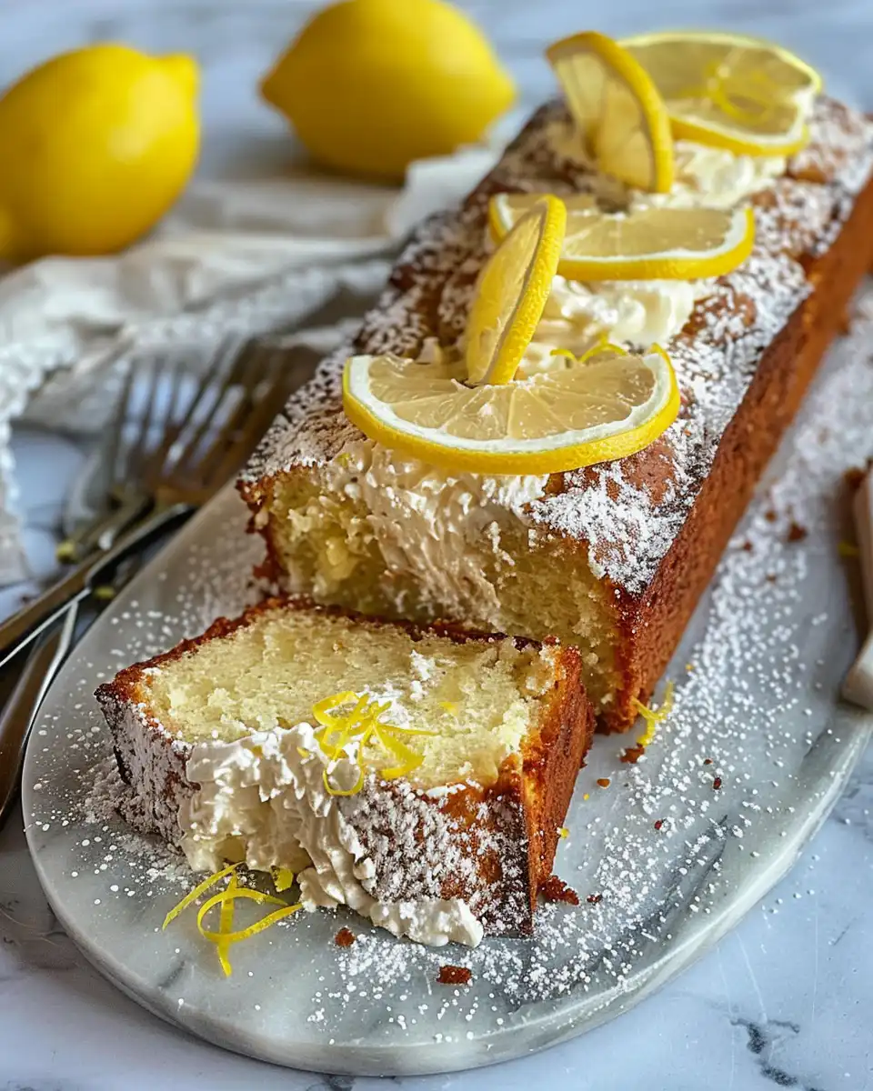 Sliced lemon loaf with glaze served on a plate, ready for serving