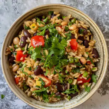 Healthy Mediterranean Rice and Beans taken with iphone 15 pro max --iw 2 --ar 4:5 --v 6.0 --raw