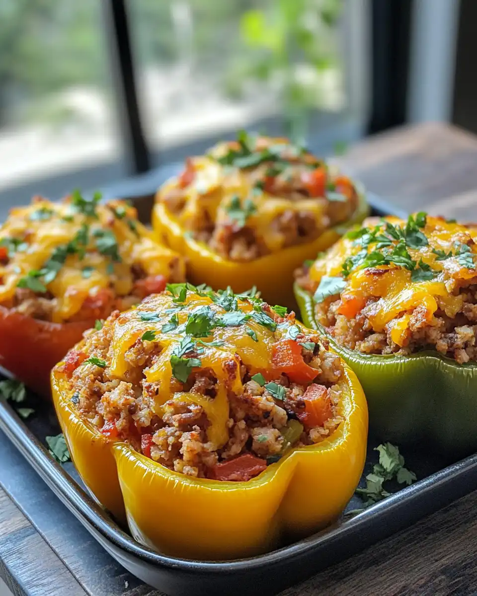 Ingredients mixed for hearty Mexican stuffed bell peppers with turkey and rice