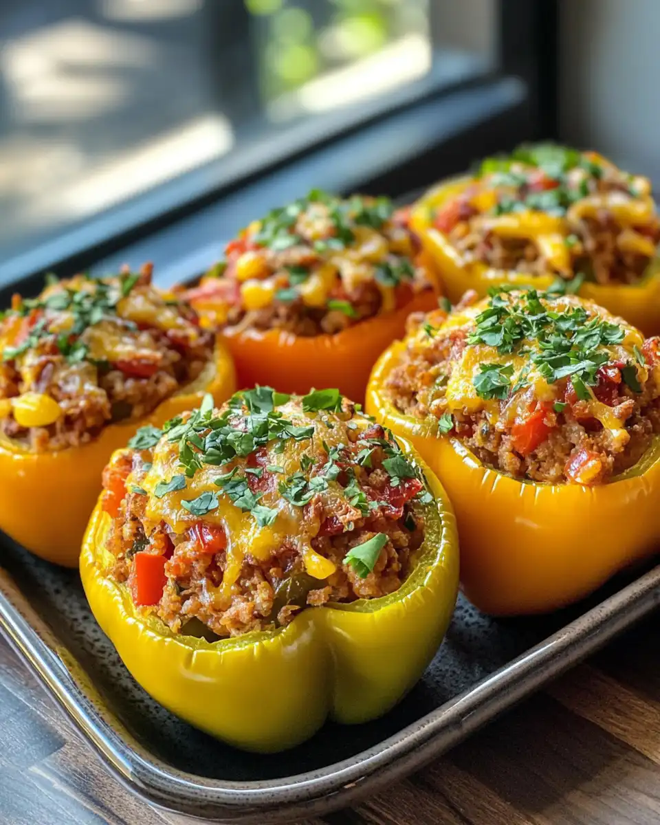 Final plated hearty Mexican stuffed bell peppers with melted cheese and cilantro garnish