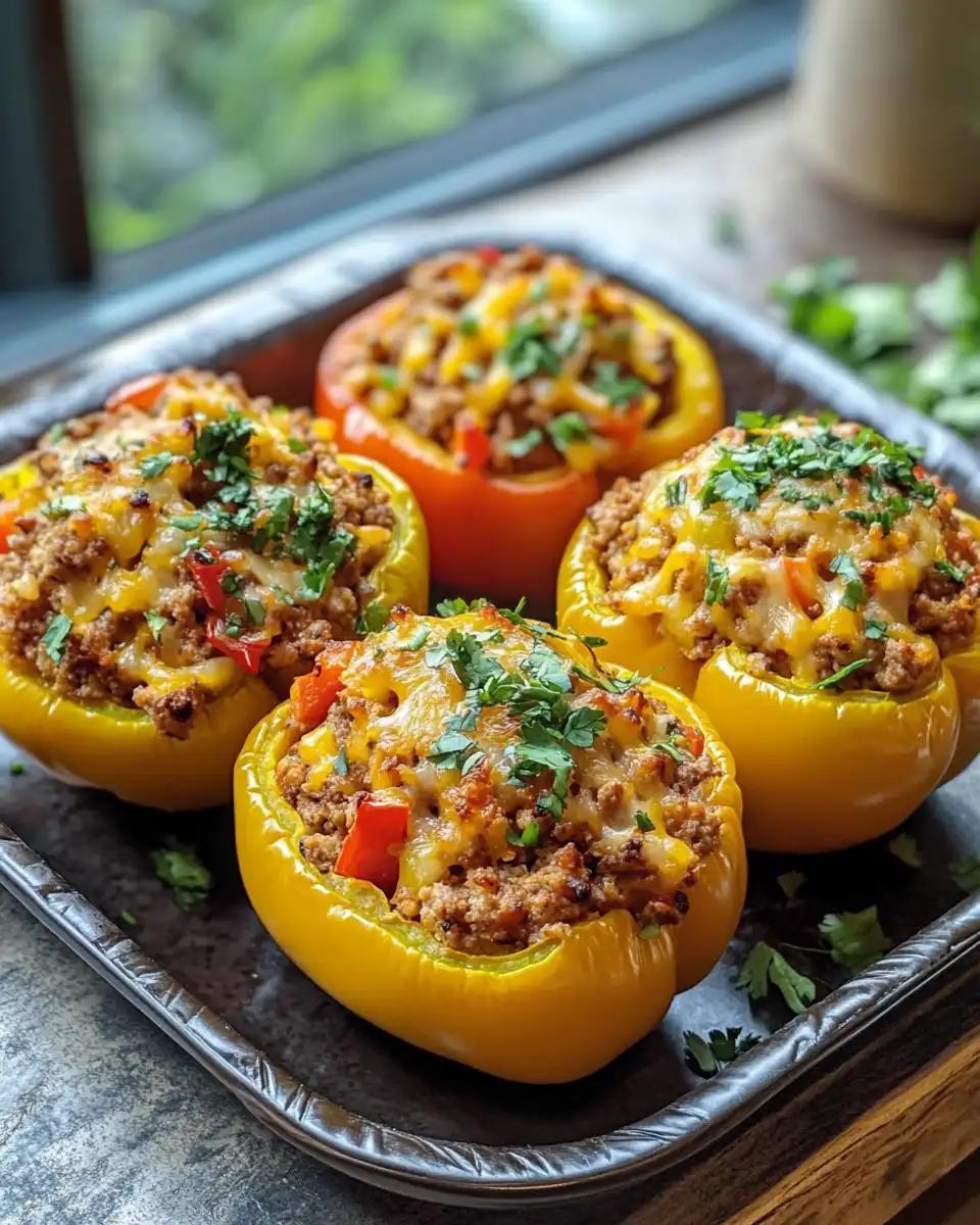 Closeup of hearty Mexican stuffed bell peppers with turkey and rice filling cooked in pressure cooker