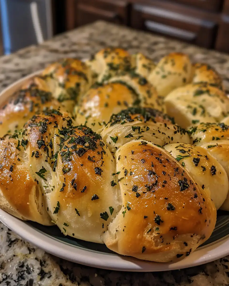 Golden brown finished herbed garlic knots toasted and served