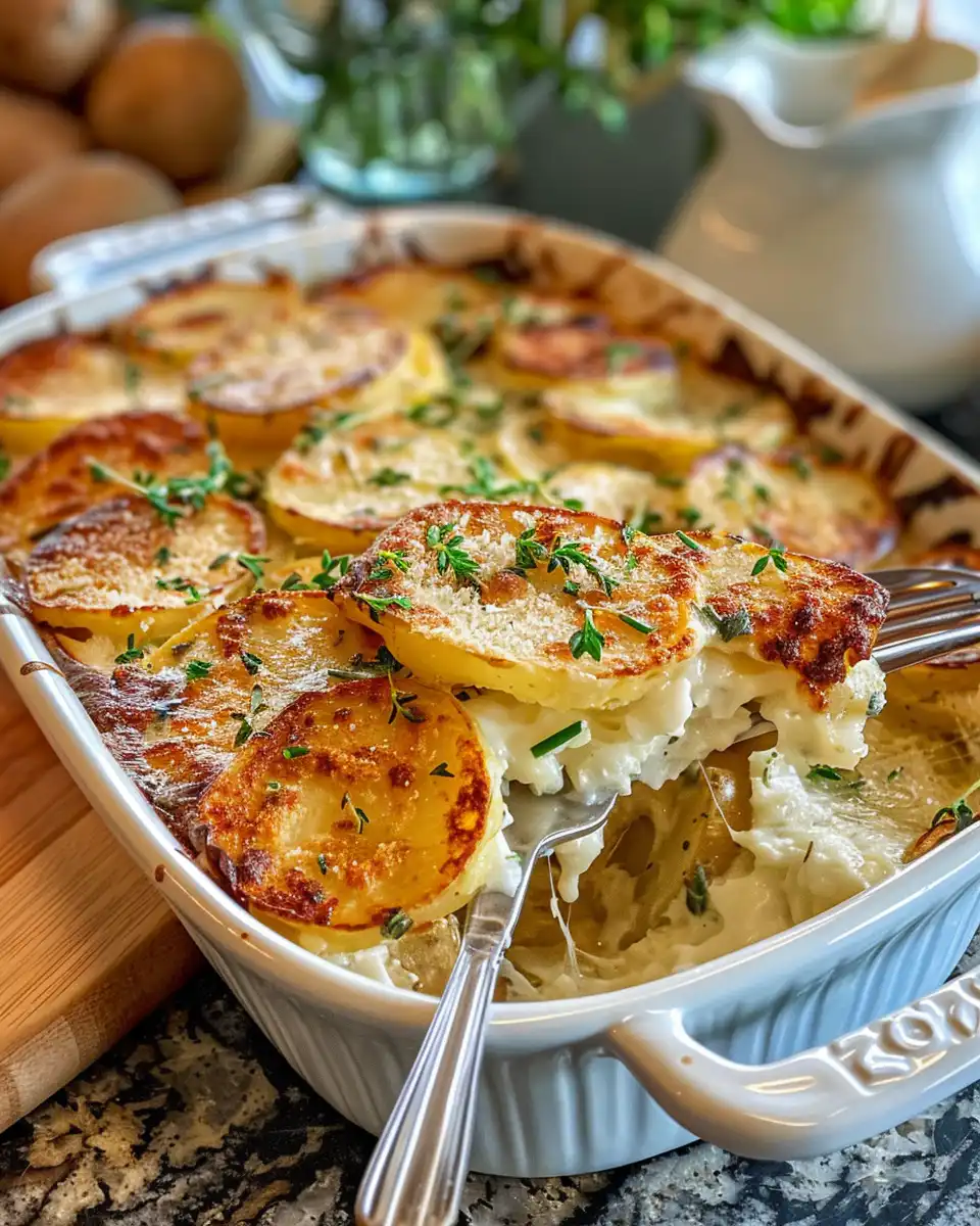 Golden parmesan crusted scalloped potatoes ready to serve