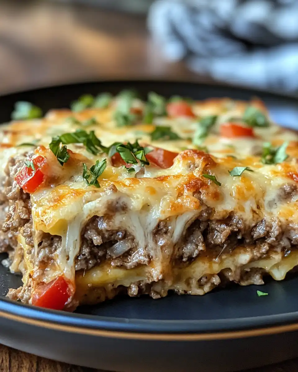 Bubbly baked Philly cheesesteak casserole with melted provolone cheese