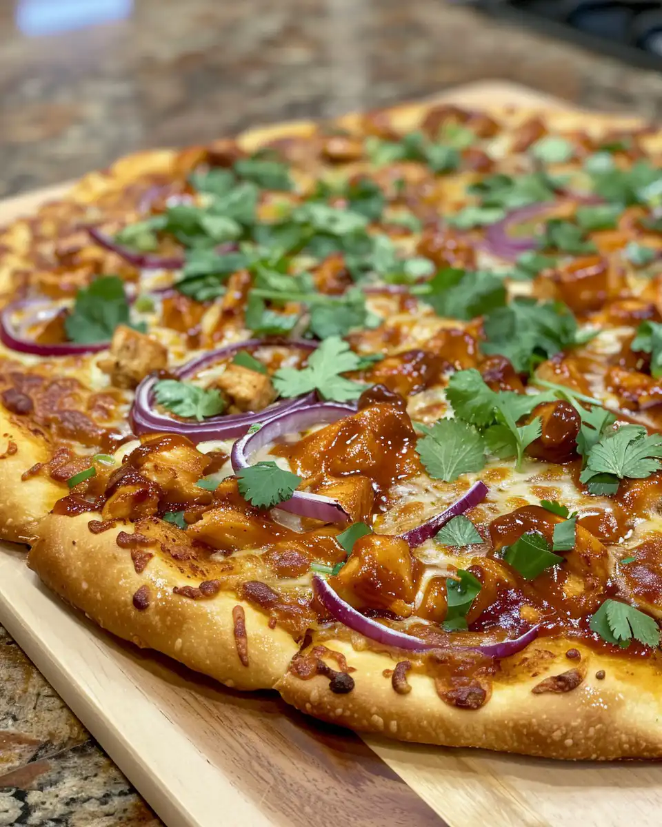 Final baked BBQ chicken pizza with golden cheese and fresh cilantro