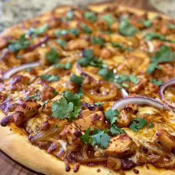 Homemade BBQ Chicken Pizza with Caramelized Onions and Fresh Cilantro taken with iphone 15 pro max --iw 2 --ar 4:5 --v 6.0 --raw