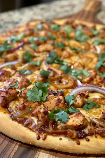 Homemade BBQ Chicken Pizza with Caramelized Onions and Fresh Cilantro taken with iphone 15 pro max --iw 2 --ar 4:5 --v 6.0 --raw