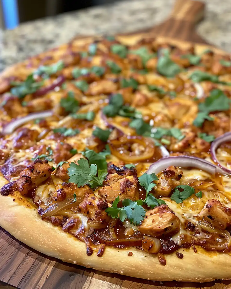 BBQ chicken pizza with caramelized onions and fresh cilantro
