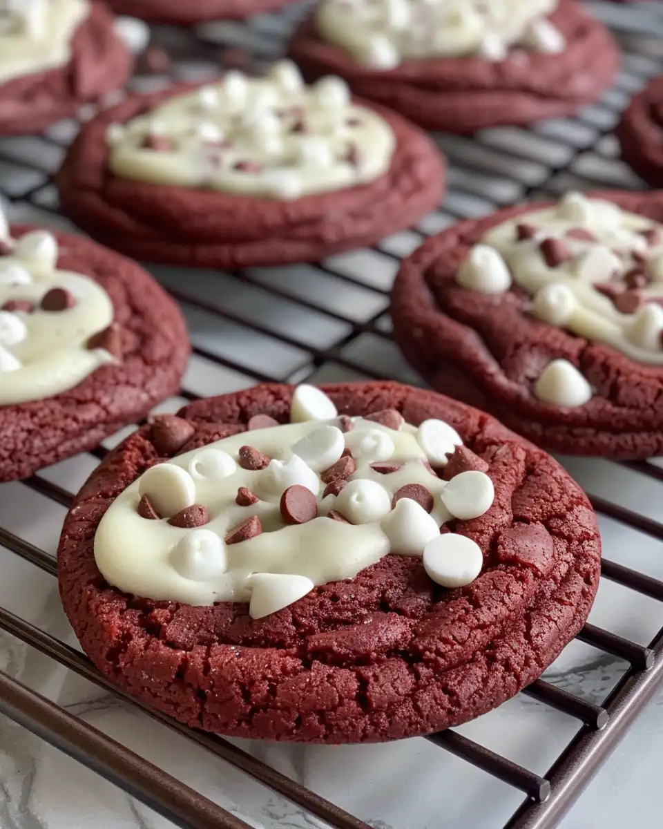 Closeup of finished Red Velvet Cookies with creamy frosting