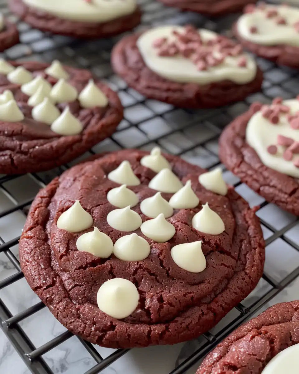 Freshly baked tender Red Velvet Cookies with cream cheese frosting