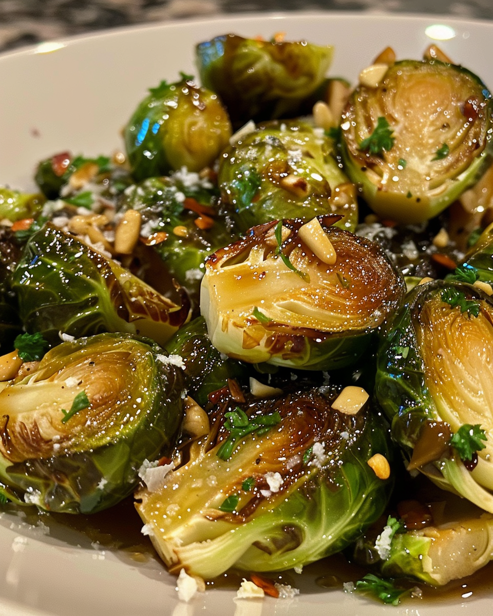 Ingredients for honey garlic Brussels sprouts in mixing bowl