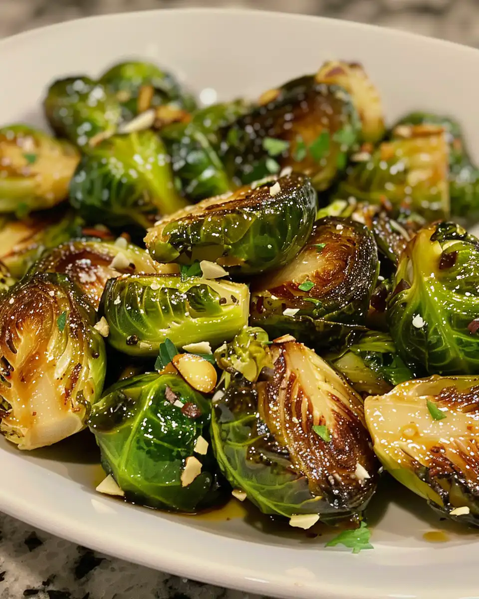 Crispy honey garlic Brussels sprouts plated and ready to eat