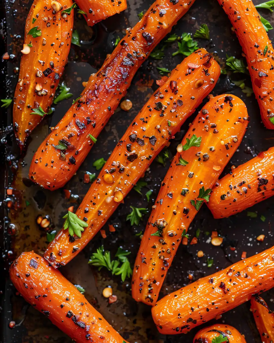 Closeup of perfectly cooked honey garlic butter baby carrots showing texture and glaze
