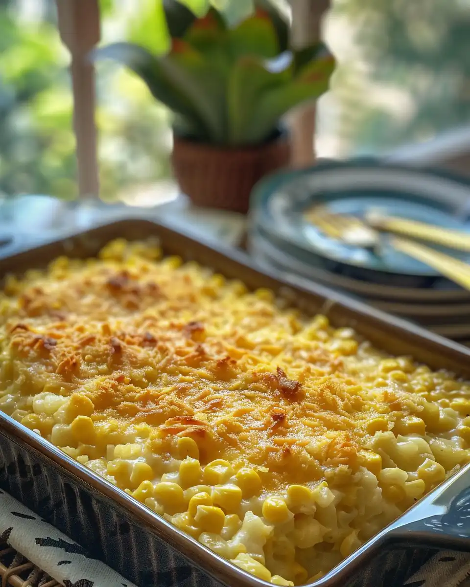 Honey glazed corn casserole baking in the oven with golden crust