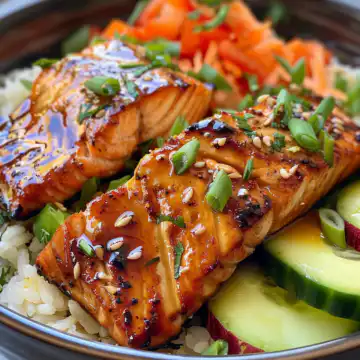 Honey Glazed Salmon Rice Bowls taken with iphone 15 pro max --iw 2 --ar 4:5 --v 6.0 --raw