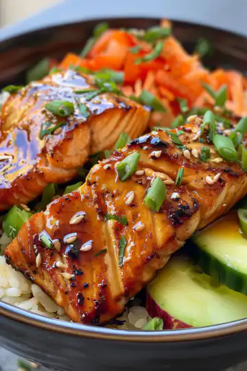 Honey Glazed Salmon Rice Bowls taken with iphone 15 pro max --iw 2 --ar 4:5 --v 6.0 --raw