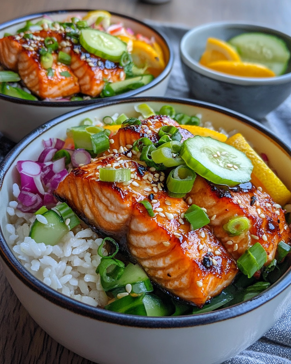 Ingredients including salmon cubes and brown rice