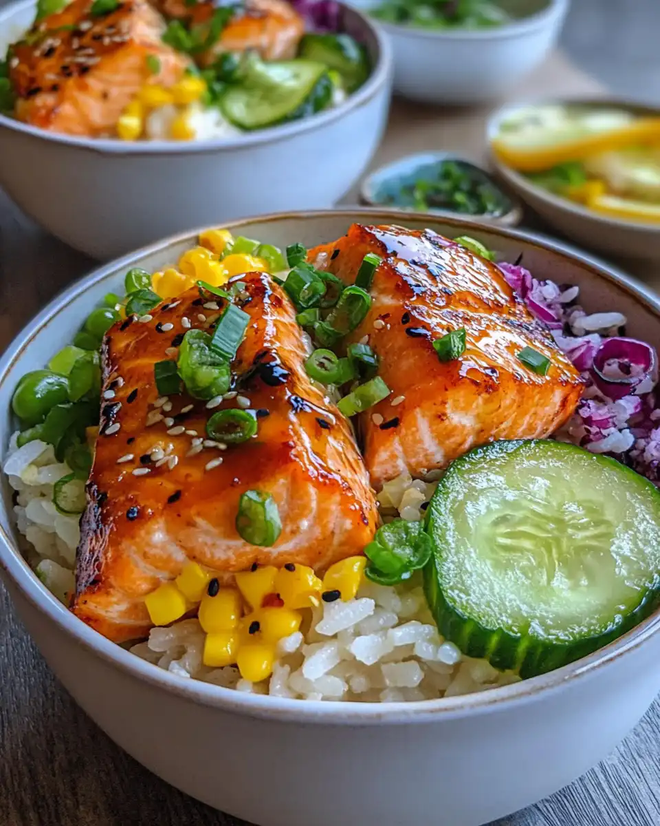 Serving honey glazed salmon bowl with avocado and cucumber toppings