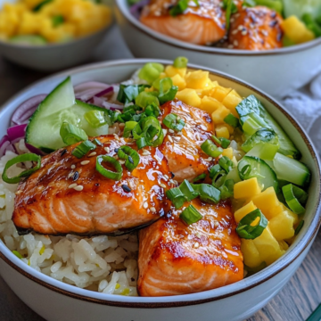 Honey Glazed Salmon Rice Bowls taken with iphone 15 pro max --iw 2 --ar 4:5 --v 6.1 --raw