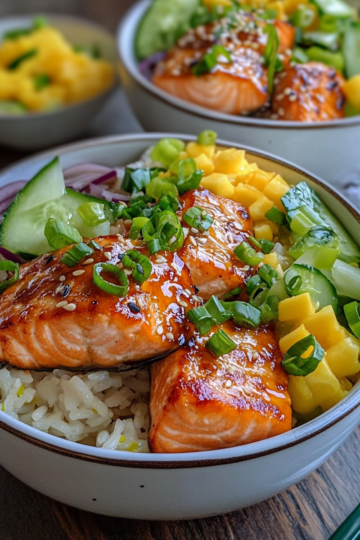 Honey Glazed Salmon Rice Bowls taken with iphone 15 pro max --iw 2 --ar 4:5 --v 6.1 --raw