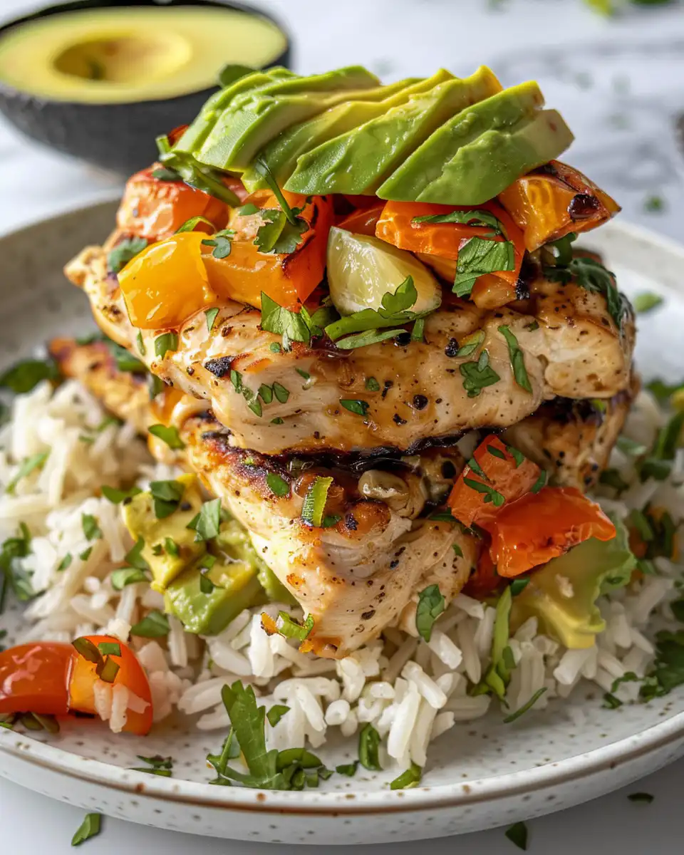 Ingredients for honey lime chicken avocado rice stack mixed in bowl
