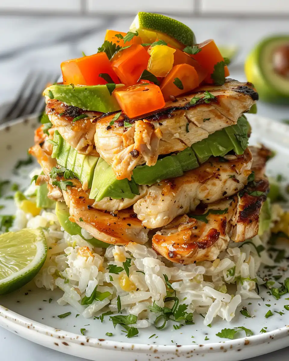 Sliced honey lime chicken stacked on avocado rice mixture ready to serve