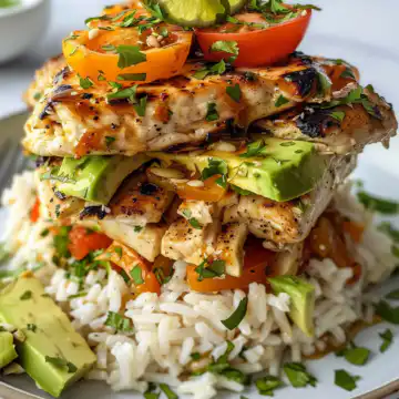 Honey Lime Chicken & Avocado Rice Stack taken with iphone 15 pro max --iw 2 --ar 4:5 --v 6.0 --raw