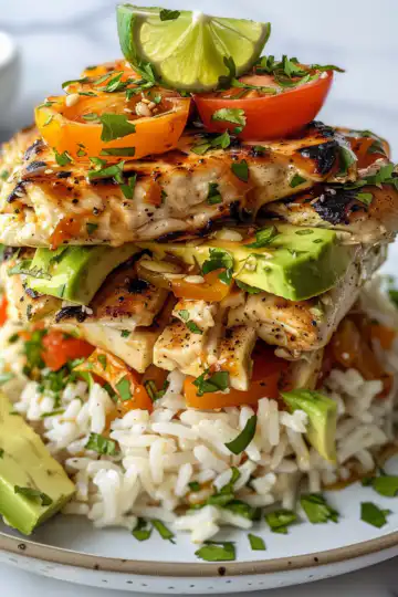 Honey Lime Chicken & Avocado Rice Stack taken with iphone 15 pro max --iw 2 --ar 4:5 --v 6.0 --raw