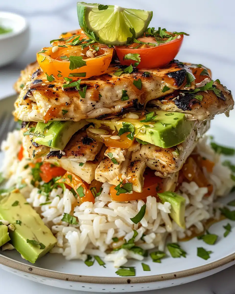 Honey lime chicken with avocado and rice stack fresh and ready to serve