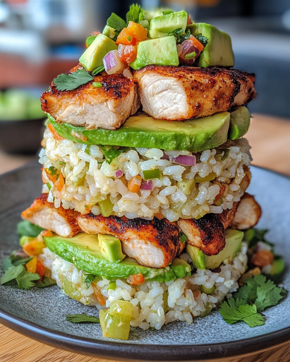Ingredients for honey lime chicken avocado rice stack including avocado and cilantro