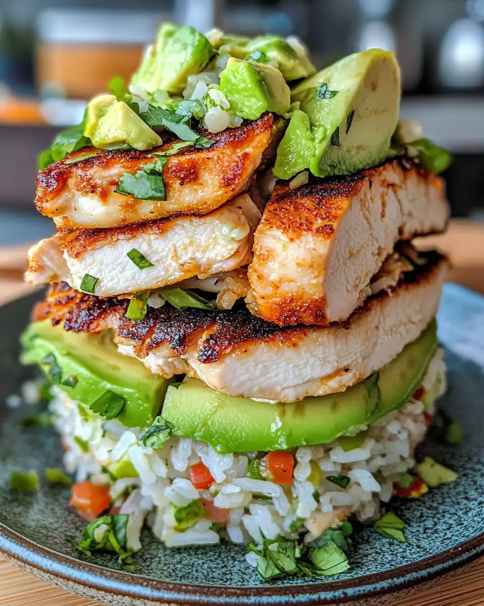 Close up shot of honey lime chicken avocado rice stack showing texture and freshness