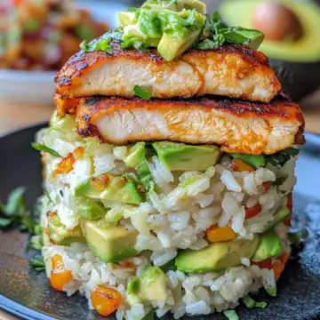 Honey Lime Chicken & Avocado Rice Stack taken with iphone 15 pro max --iw 2 --ar 4:5 --v 6.1 --raw