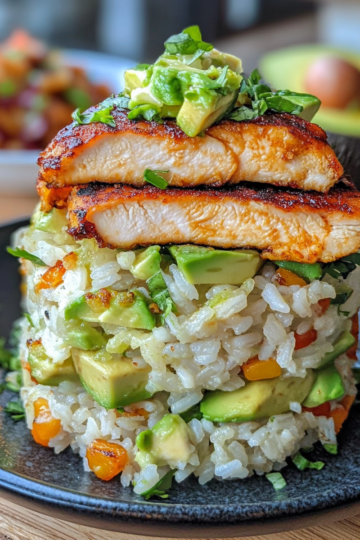 Honey Lime Chicken & Avocado Rice Stack taken with iphone 15 pro max --iw 2 --ar 4:5 --v 6.1 --raw