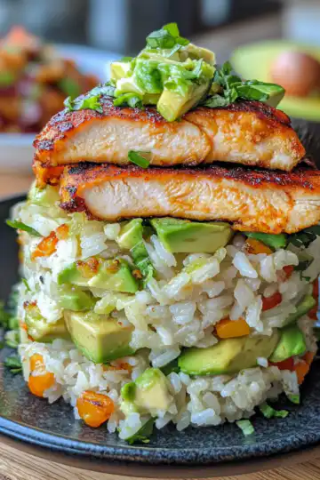 Honey Lime Chicken & Avocado Rice Stack taken with iphone 15 pro max --iw 2 --ar 4:5 --v 6.1 --raw